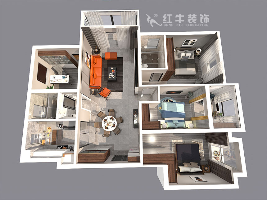 劉小勇_鴻雁名居20-1001-140㎡-現(xiàn)代風(fēng)格_4室2廳2衛(wèi)（新房裝修）_定制家￥208000_全包20萬(wàn)00_04鳥(niǎo)瞰圖