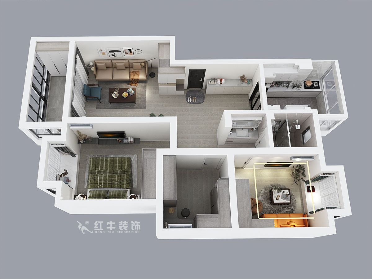蔣?。趟铺?-3-401-106㎡-現(xiàn)代簡約風格｜3室2廳1衛(wèi)｜新房裝修｜成品家￥152999｜全包15萬｜00_04鳥瞰圖