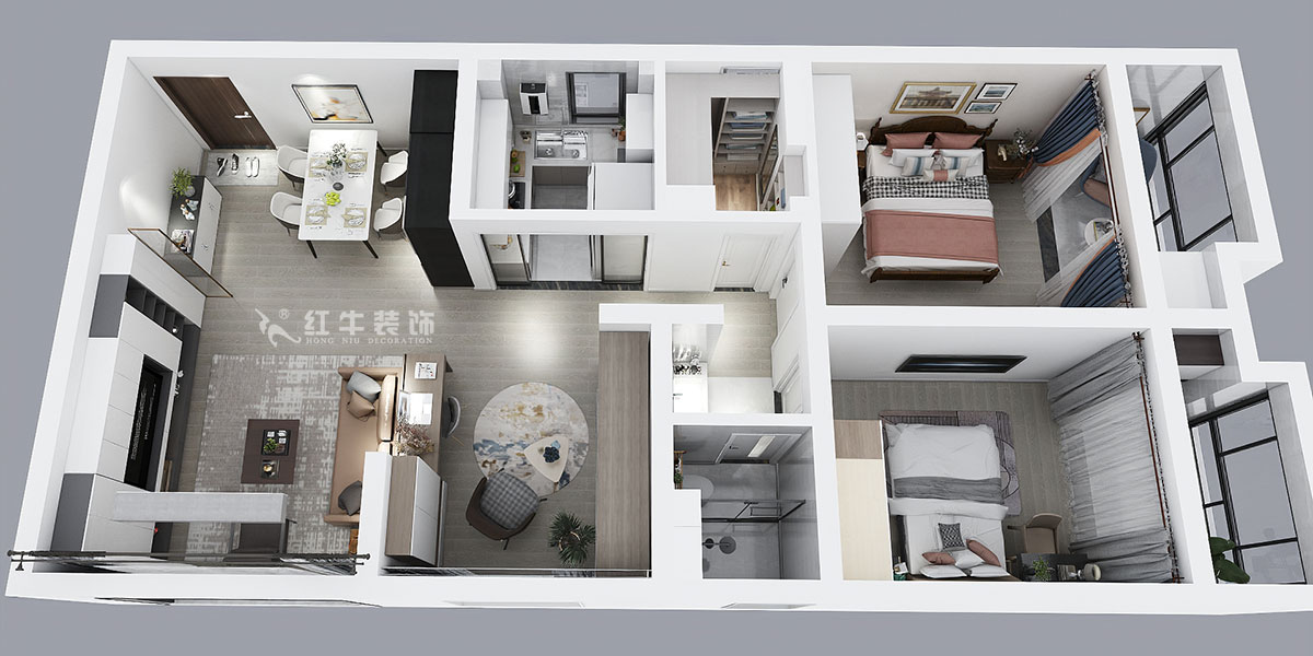 顧娟｜御道嘉庭5-2-610-107㎡-現代風格｜3室2廳1衛(wèi)｜新房裝修｜定制家￥134800｜全包15萬｜00_04鳥瞰圖