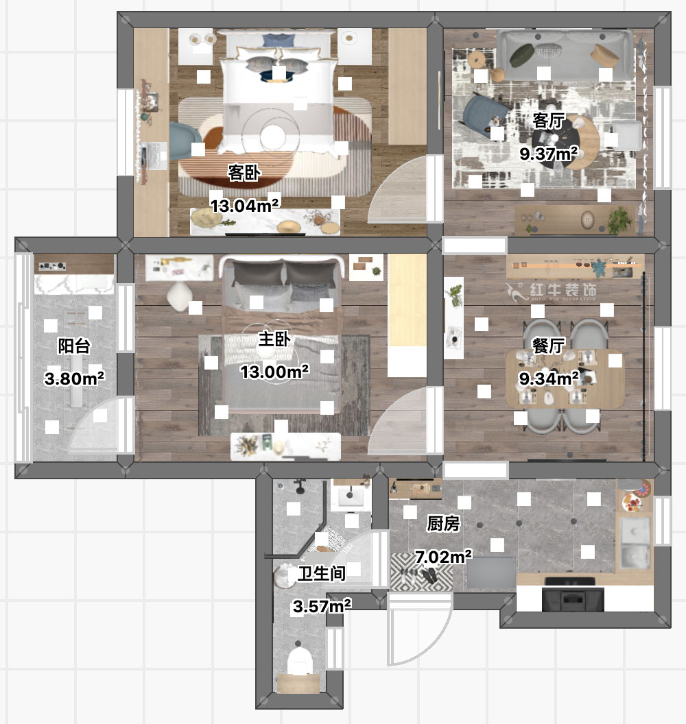 顧娟｜鼓樓街3號3-506-70㎡-北歐風(fēng)格｜3室2廳1衛(wèi)｜舊房裝修｜定制家￥110000｜全包12萬｜00_04平面彩圖