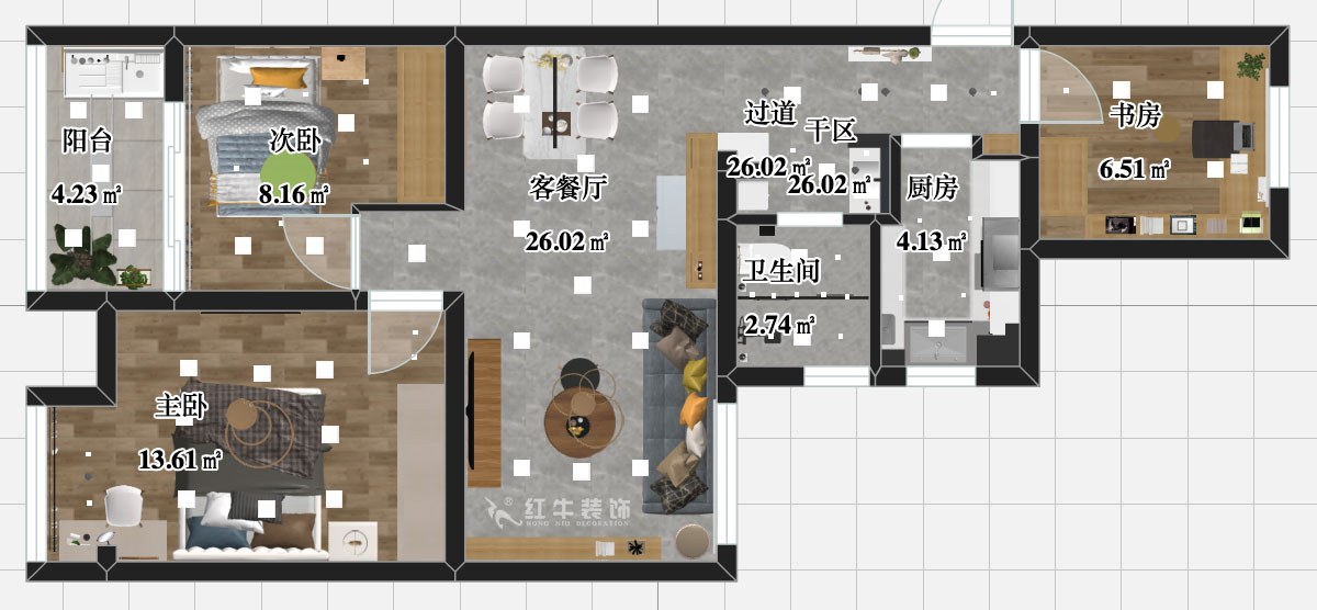 張智猿｜紫楊佳園二期22-407-86㎡-北歐風格｜3室2廳1衛(wèi)｜新房裝修｜定制家￥108698｜全包11萬｜00_03平面彩圖