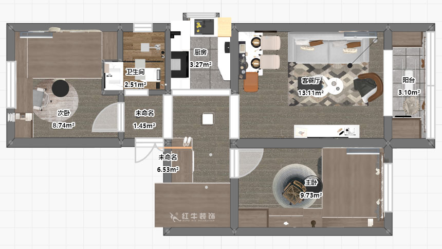 孟憲濤｜張府園小區(qū)20號202室-70㎡-簡約風(fēng)格｜2室1廳1衛(wèi)｜老房裝修｜定制家￥95000｜全包12萬｜00_03平面彩圖