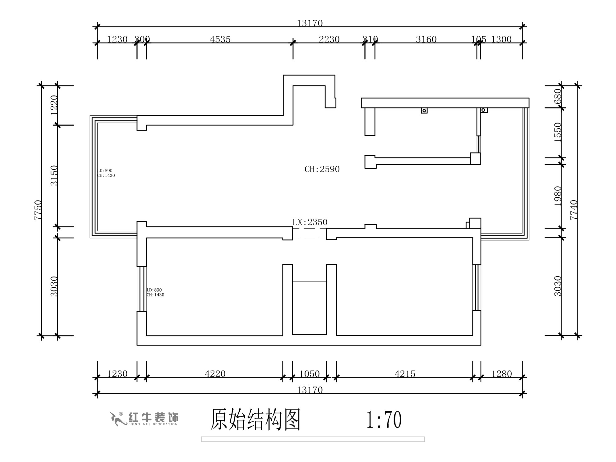 蔣?。旄@43-401-90㎡-現(xiàn)代簡(jiǎn)約風(fēng)格｜2室1廳1衛(wèi)｜舊房裝修｜定制家￥122757｜全包12萬｜00_01原始結(jié)構(gòu)圖