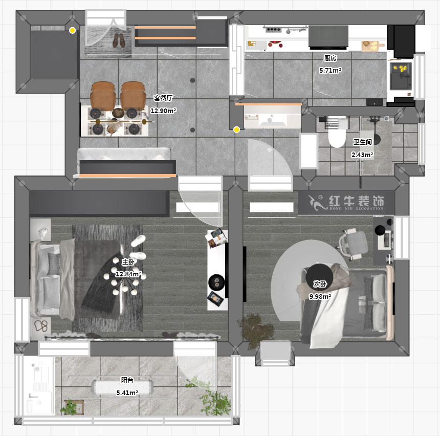 蔣?。珗@路44號小區(qū)3-204-60㎡-現(xiàn)代簡約風(fēng)格｜2室1廳1衛(wèi)｜舊房裝修｜定制家｜全包10萬｜00_03平面彩圖