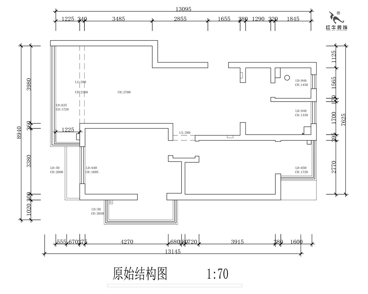 蔣?。霄沃腥A廣場(chǎng)11-601-110㎡-現(xiàn)代簡(jiǎn)約風(fēng)格｜2室2廳1衛(wèi)｜舊房裝修｜定制家￥140400｜全包15萬｜00_01原始結(jié)構(gòu)圖