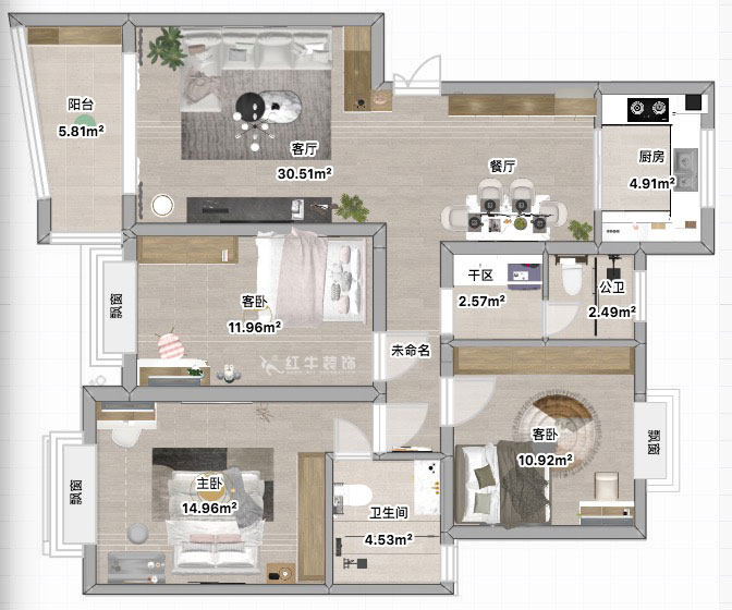 蔣?。鸶［?-405-110㎡-現代簡約風格｜2室2廳2衛(wèi)｜新房裝修｜定制家｜全包15萬｜00_04平面彩圖