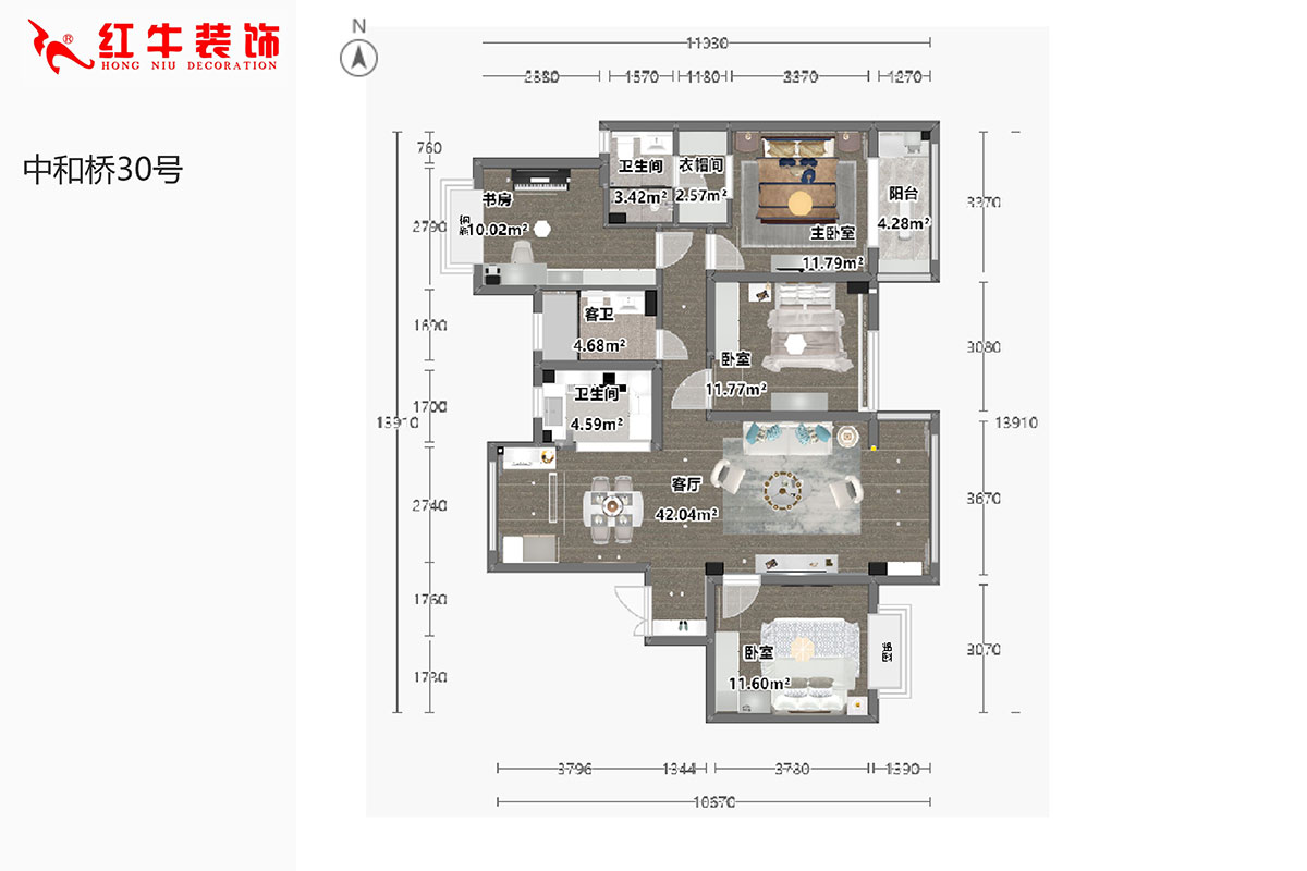 陸利民｜中和橋30號29-1403-137㎡-美式風格｜4室2廳3衛(wèi)｜新房裝修｜半包￥94990｜半包9