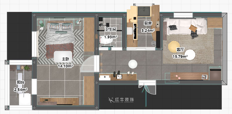 孟憲濤｜大光路菜市口1號2-2-205-50㎡-簡約風(fēng)格｜1室1廳1衛(wèi)｜老房裝修｜定制家｜全包9萬｜00_03平面彩圖