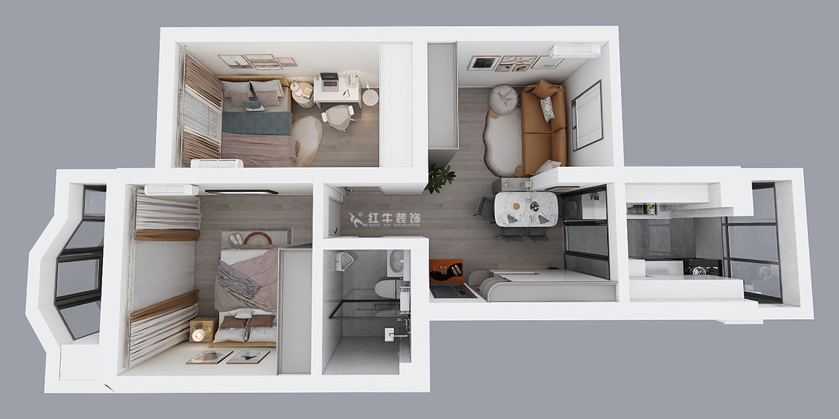 吳波｜櫻駝花園躍新園3-206-70㎡-現(xiàn)代風格｜2室2廳1衛(wèi)｜舊房裝修｜定制家｜全包9萬｜00_04鳥瞰圖