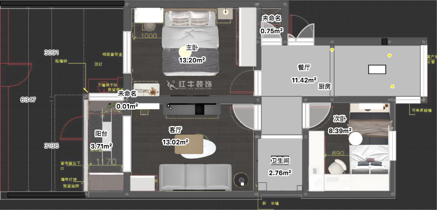 蔣?。驳吕?0號(hào)玻纖院小區(qū)14-103-65㎡-現(xiàn)代簡(jiǎn)約風(fēng)格｜3室1廳1衛(wèi)｜老房裝修｜定制家｜全包10萬(wàn)｜00_03平面彩圖