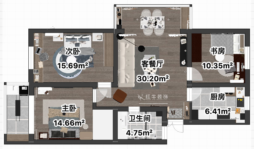 吳波｜宏鷹花園2-601-103㎡-現(xiàn)代簡(jiǎn)約風(fēng)格｜3室2廳1衛(wèi)｜舊房裝修｜定制家｜全包13萬(wàn)｜00_04平面彩圖