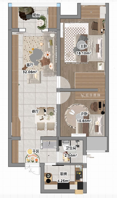 魏明花｜紫楊佳園16-1102-85㎡-現(xiàn)代風(fēng)格｜2室1廳1衛(wèi)｜二手房裝修｜定制家｜全包10萬(wàn)｜00_03平面彩圖