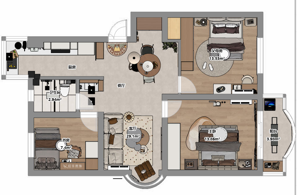 仇美蓉|裕華新村2-3-406-86㎡-簡約風(fēng)格|3室2廳1衛(wèi)|老房裝修|定制家|全包10萬|00_03平面彩圖